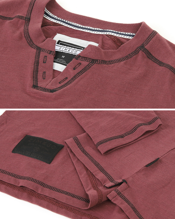 Burgundy henley shirt detail: neckline placket with contrast edge stitching