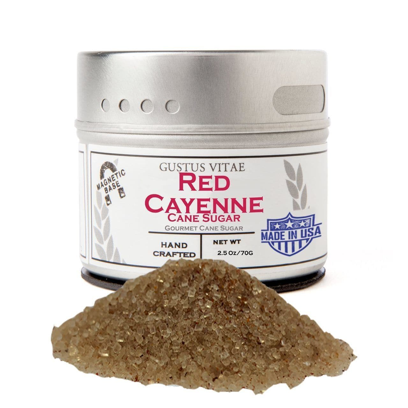 Red Cayenne cane sugar tin with cane sugar crystals