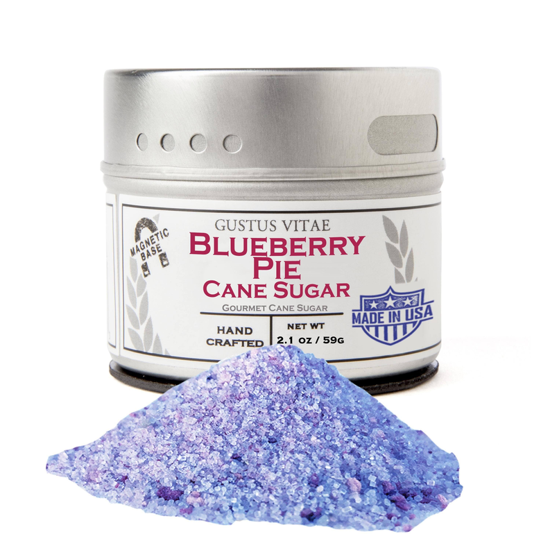 Cane sugar jar labeled Blueberry Pie, with purple sugar mound