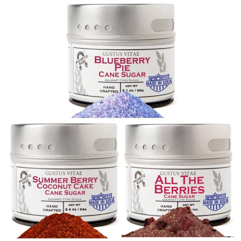 Three cane sugar tins: Blueberry Pie, Summer Berry Coconut Cake, All the Berries
