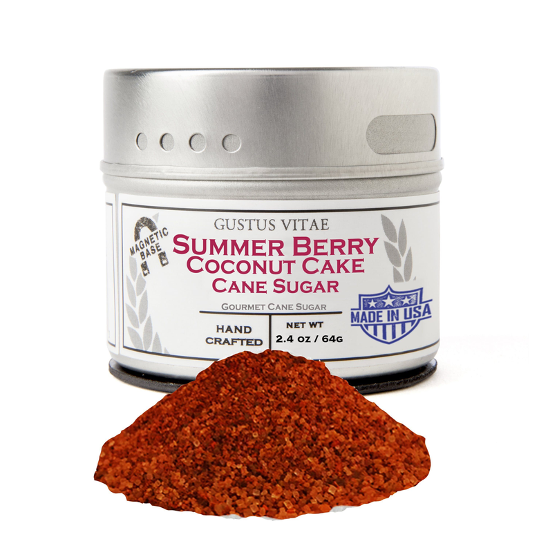 Cane sugar jar labeled Summer Berry Coconut Cake, with orange sugar mound