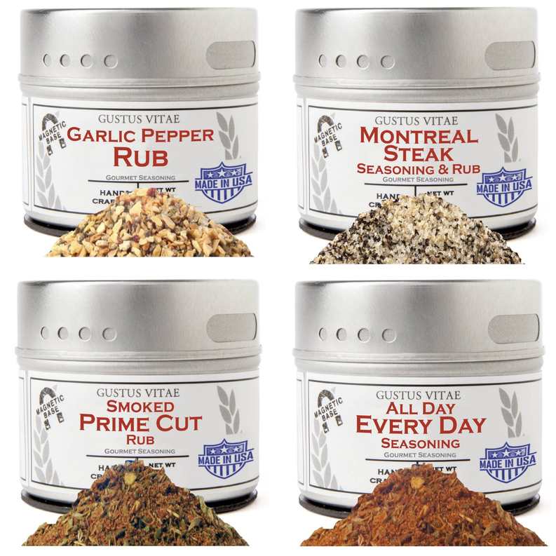 Set of four seasoning rub jars with four different label designs and spice piles