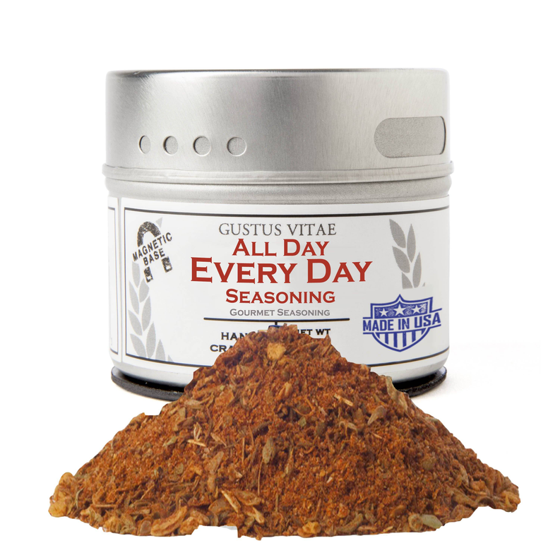 All day every day seasoning rub jar with mound of orange-brown rub