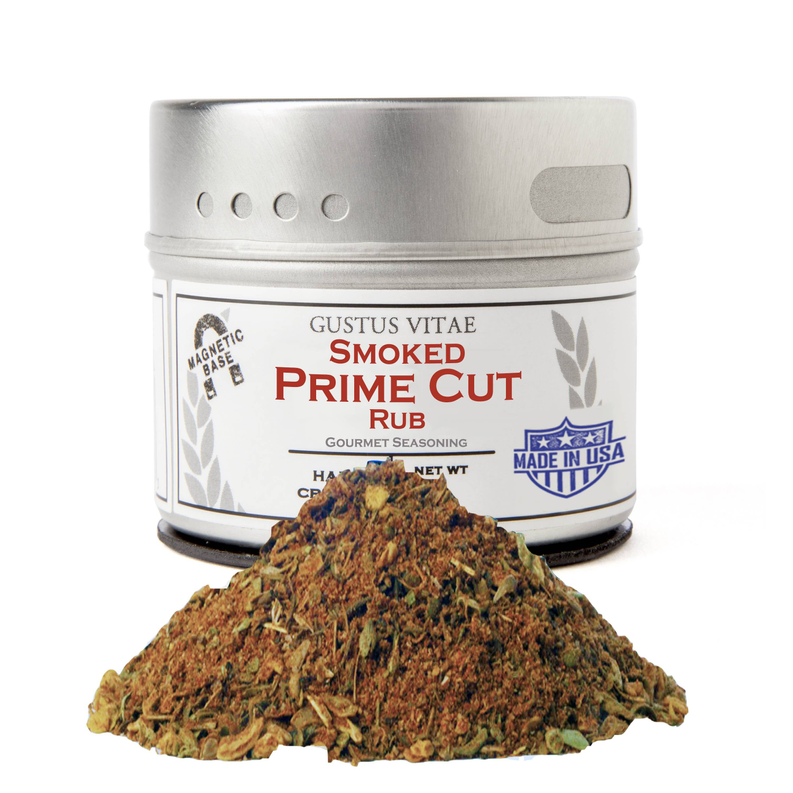 Smoked prime cut seasoning rub jar with mound of dark brown rub
