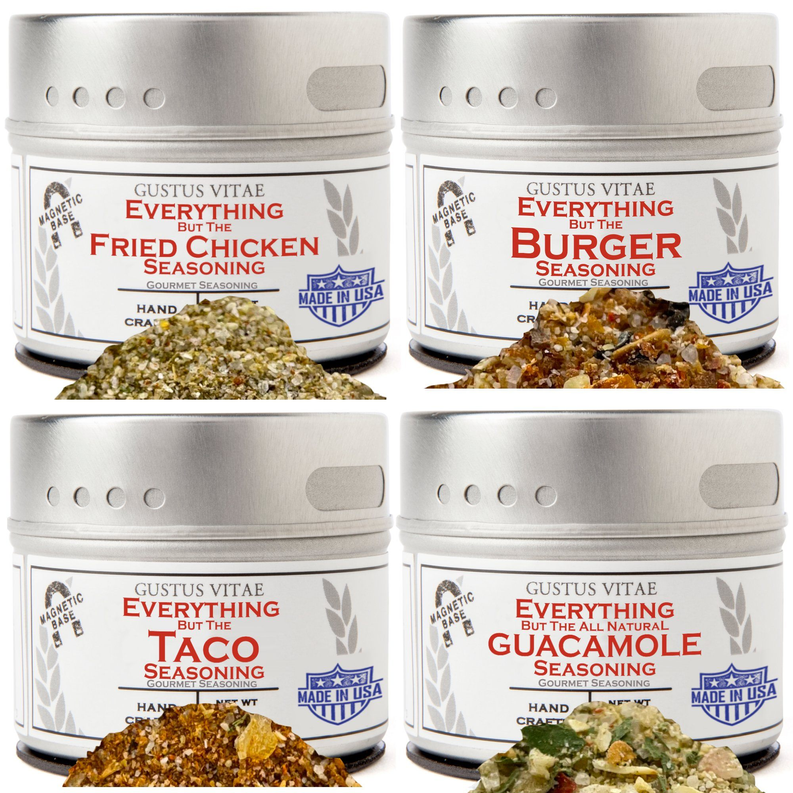 Set of four magnetic seasoning jars with colorful flavor labels