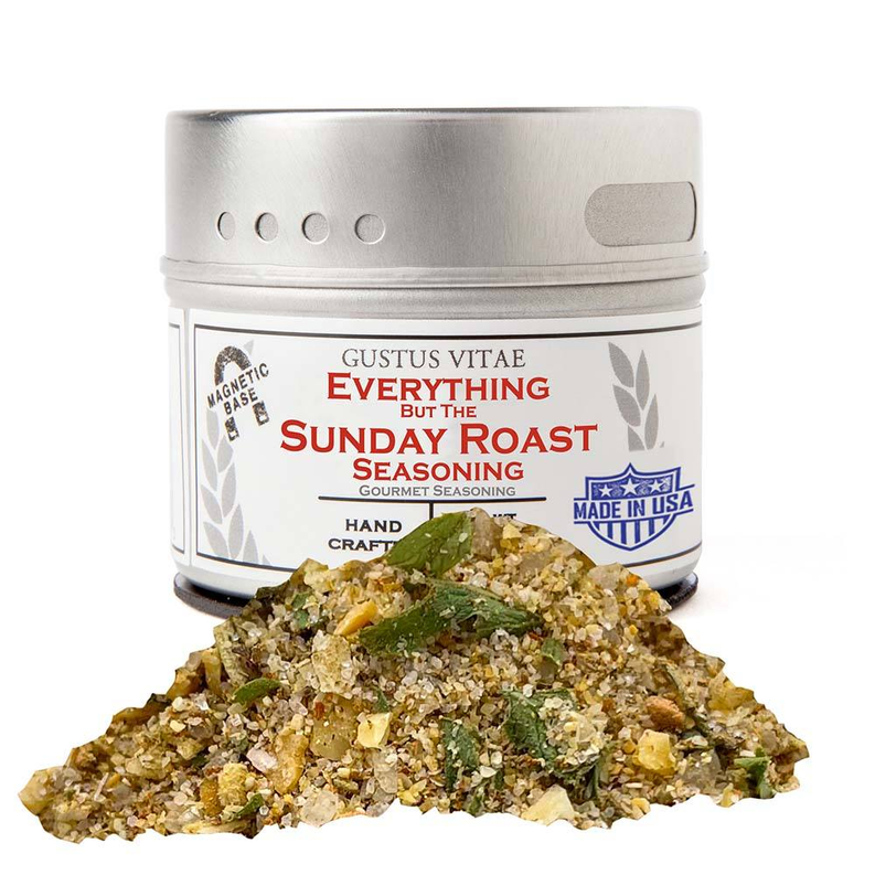 Everything but the Sunday roast seasoning jar with green-speckled seasoning heap