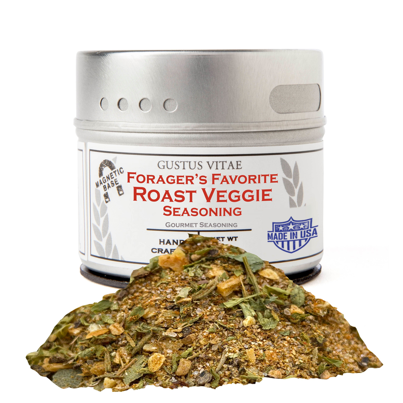 Forager’s favorite roast veg seasoning jar with herb-and-spice blend heap