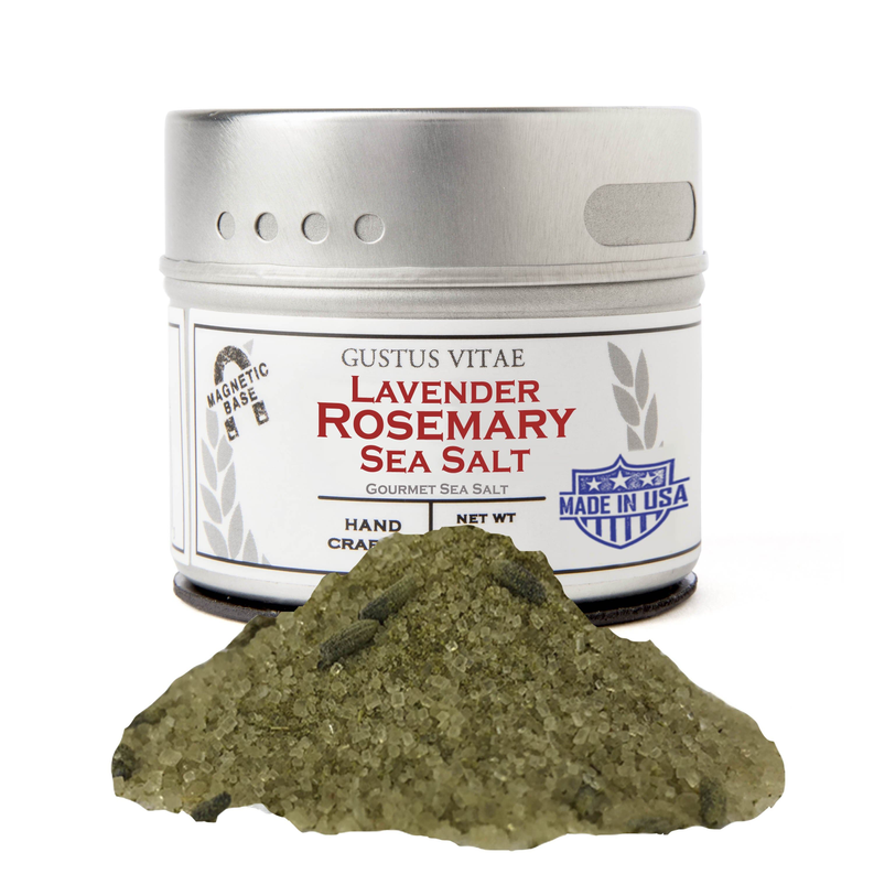 Lavender rosemary sea salt tin with herb blend pile, silver metal container