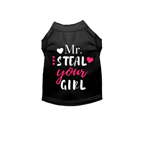 Black pet shirt with graphic "Mr. steal your girl" and pink hearts