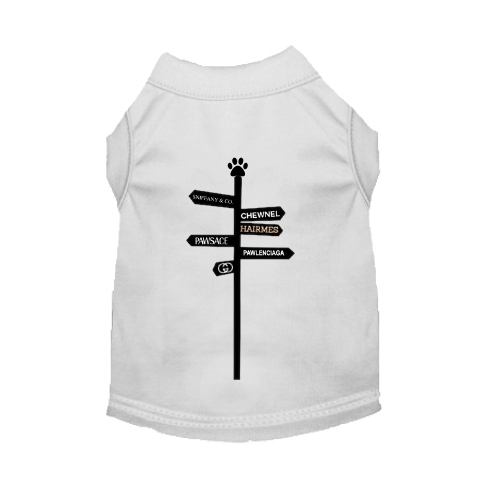White dog shirt with black paw print logo and vertical graphic on back