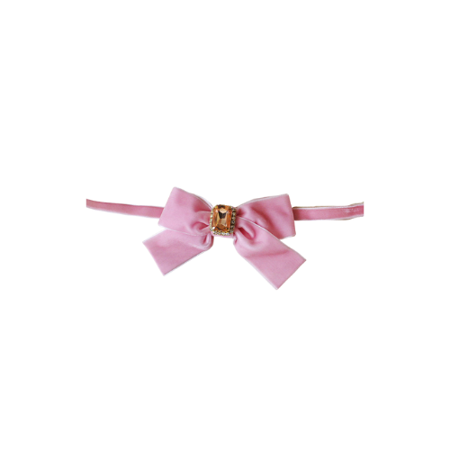 Pink velvet bow necklace with gold-tone clasp and rhinestone centerpiece