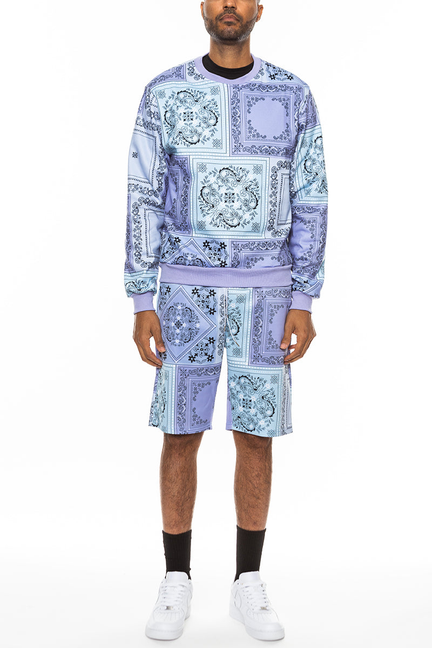 Lavender paisley all-over print crewneck sweatshirt and matching shorts set