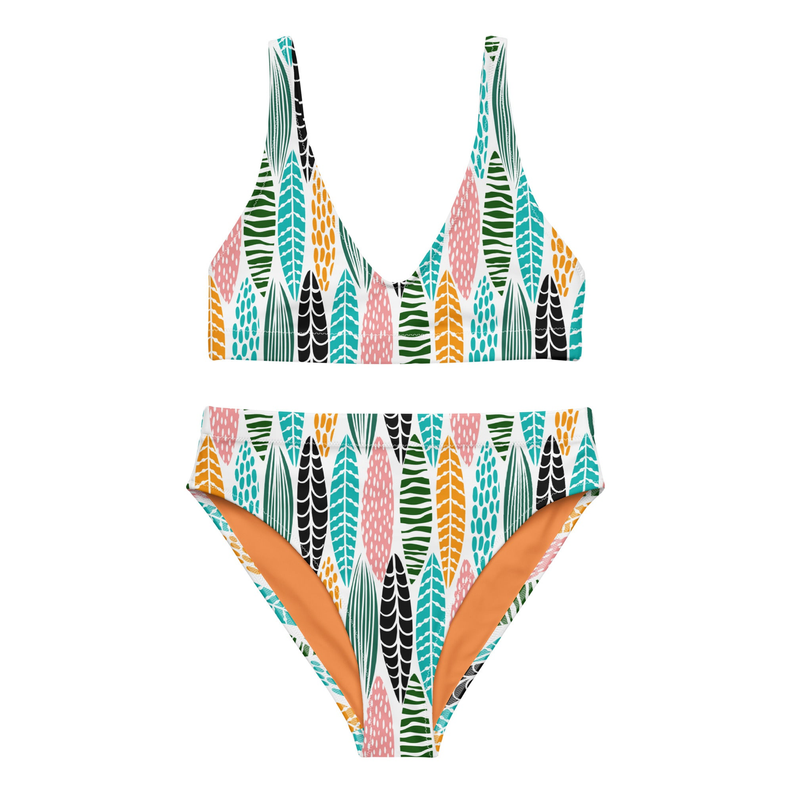 Leaf jungle print bikini set with triangle top and high-waisted bottoms