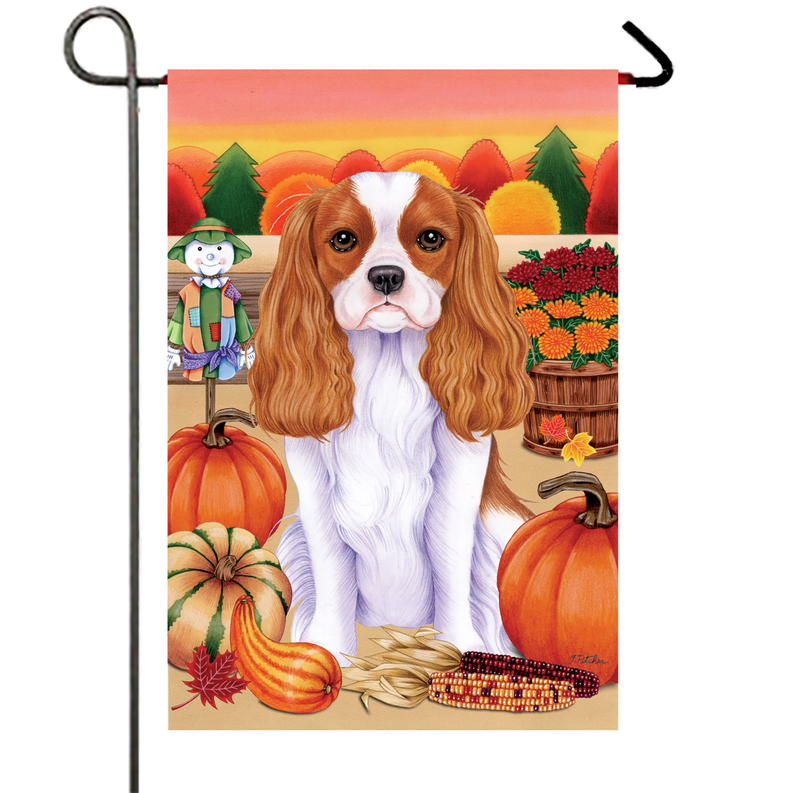 Labrador Retriever garden flag with autumn pumpkins and scarecrow illustration