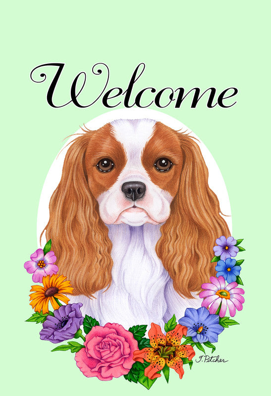 House and garden flag with red-and-white retriever face, colorful flowers, Welcome
