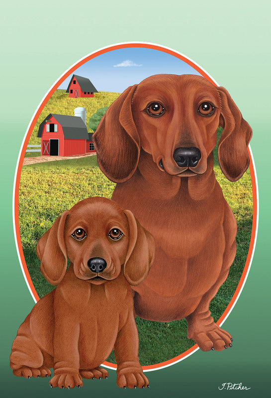 Red dachshund garden flag design with two brown dachshunds inside an oval frame