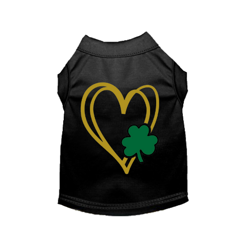 Black pet tank top with gold heart outline and green shamrock graphic