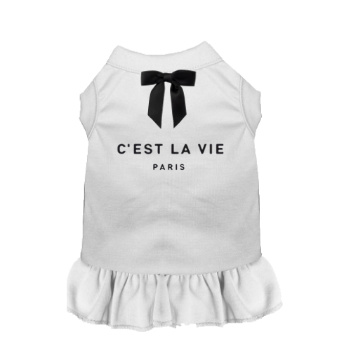 White pet shirt with black bow and 'C'EST LA VIE PARIS' logo, ruffled hem