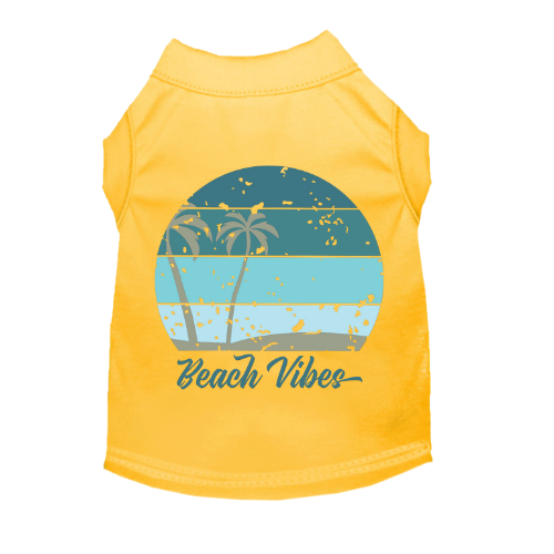 Yellow sleeveless pet T-shirt with beach scene graphic and 'Beach Vibes' text