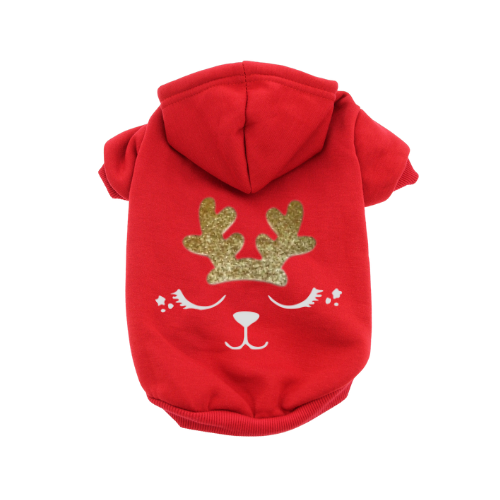 Red reindeer face hoodie sweatshirt with hood and front pocket