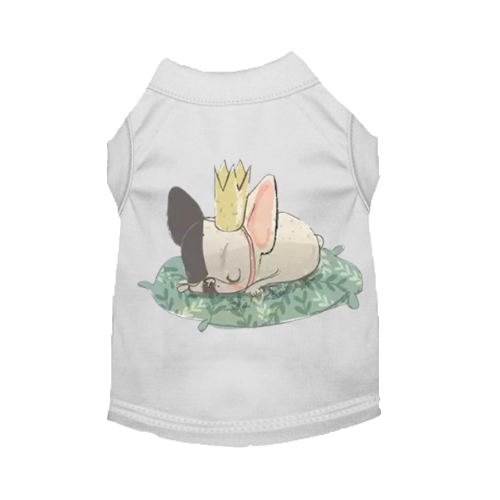 Light gray dog tank top with sleeping Frenchie illustration lying on leaves