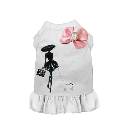 White sleeveless pet shirt with pink bow and black fashion graphic, ruffled hem.