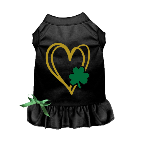 Black pet dress with shamrock heart graphic and ruffled skirt