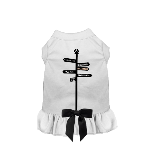 White dog dress with black center graphic and bow tie, ruffled skirt