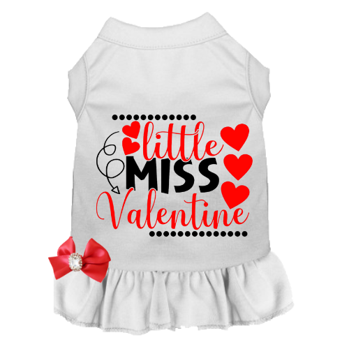 White pet shirt with red 'Little Miss Valentine' print, hearts, and satin bow