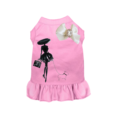 Pink pet dog dress with tutu hem and graphic of lady, bow, and small dog