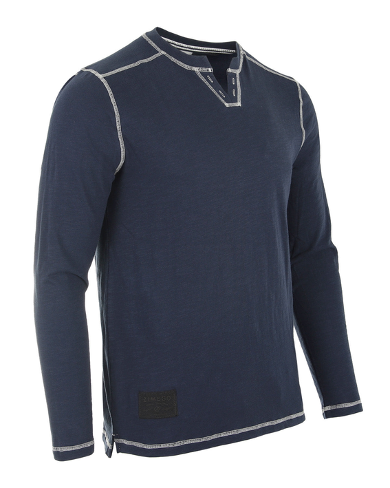 Men's navy long-sleeve henley shirt front with notch V-neck and contrast piping