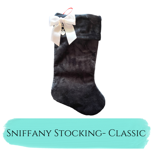 Sniffany Christmas stocking in dark fabric with white bow and hanging tag