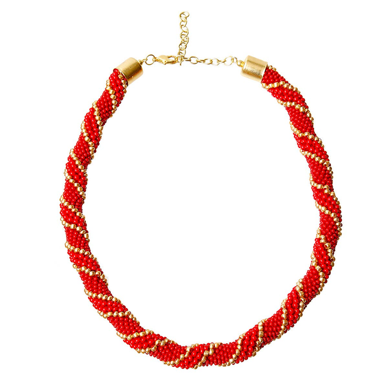 Red rope bead pet necklace with gold clasp and chain links