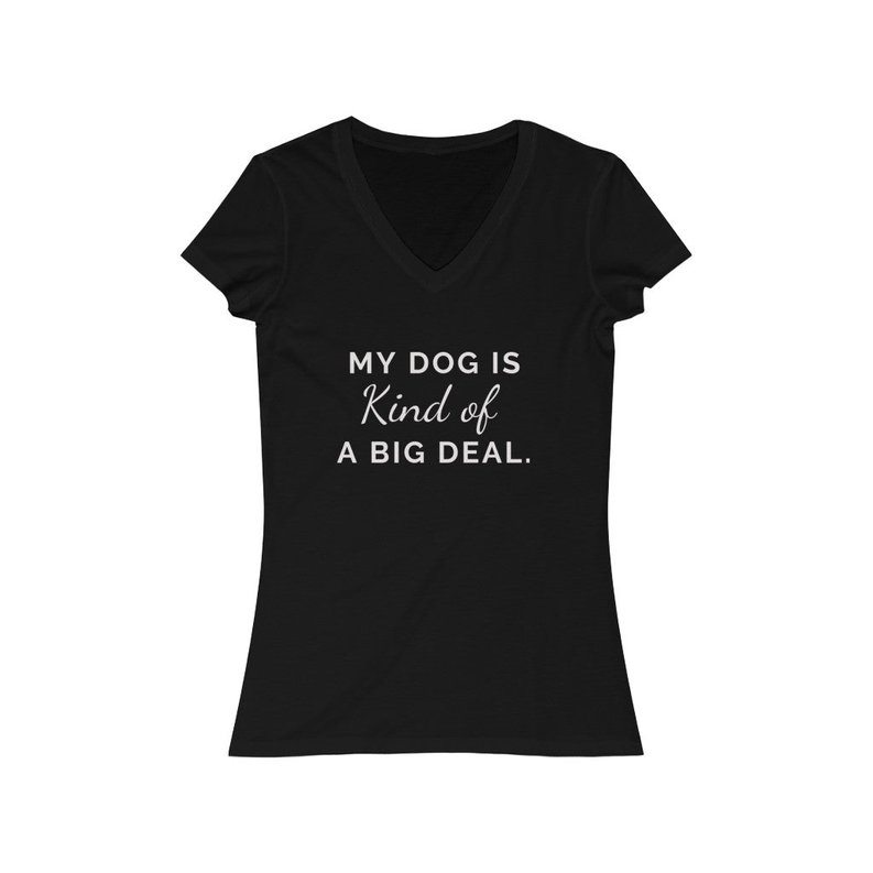 Women's black jersey v-neck short-sleeve tee with white front graphic text