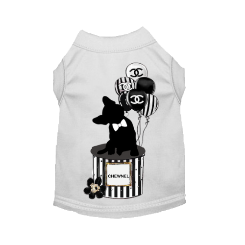 White pet T-shirt with black dog and balloons graphic, CHEWNEL label on front