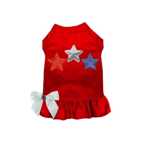 Red pet dress with three stars and a red ruffled hem skirt