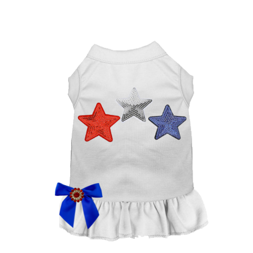 White pet dress with three stars, blue ribbon bow, and ruffled skirt