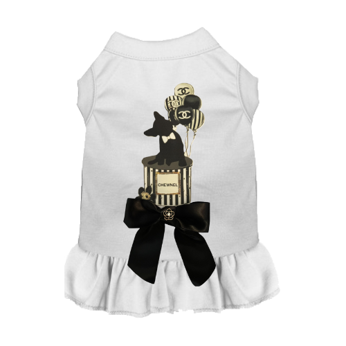 White sleeveless pet shirt with ruffled hem and Celebration graphic