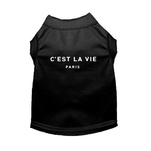 Dark pet T-shirt with 'C'EST LA VIE PARIS' front graphic