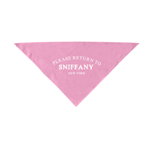 Pink triangular bandana with white return text and New York print.