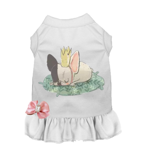 White sleeveless pet dress with sleeping French bulldog graphic and ruffle hem