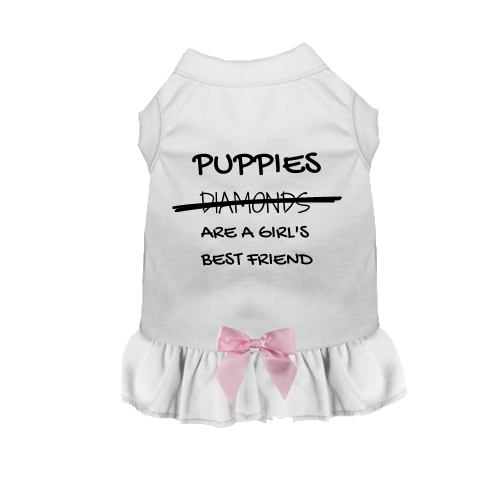 White dog shirt dress with ruffled hem and pink bow, graphic text “Puppies Diamonds”