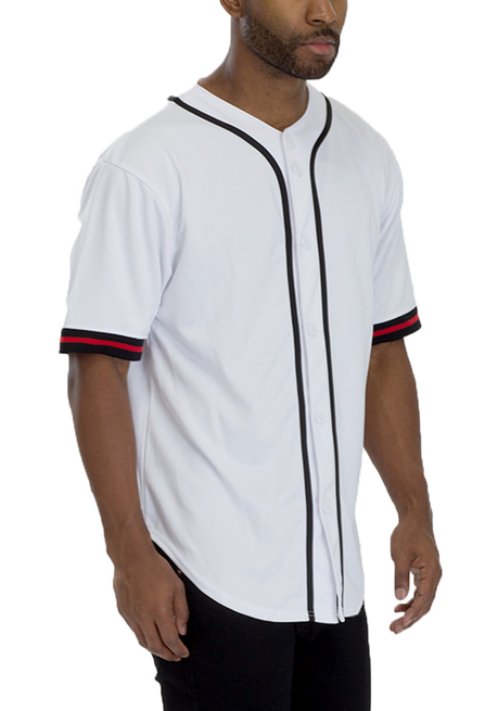 No Hitter baseball jersey, white with black piping and button front, short sleeves