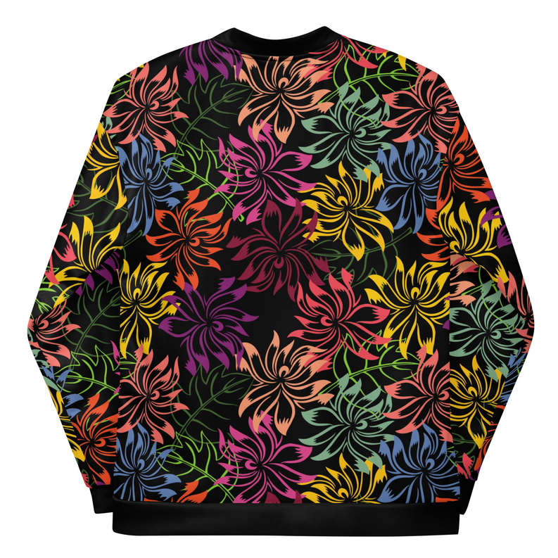 Unisex bomber jacket with multicolor floral print, black ribbed hem and cuffs, full zip