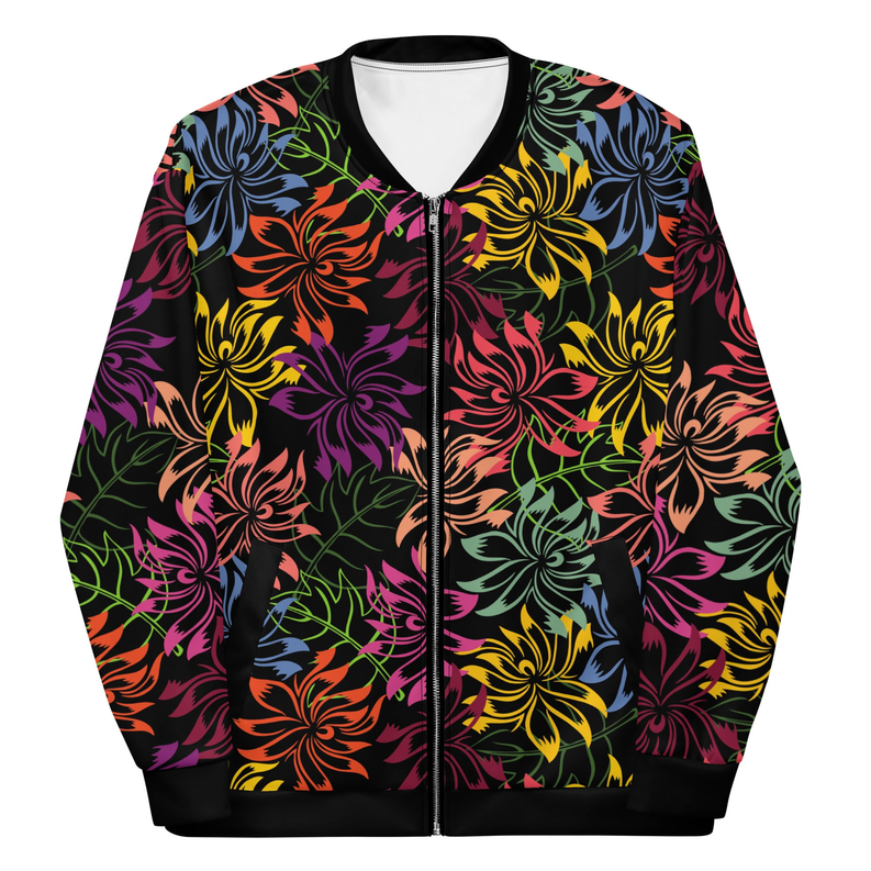 Bomber jacket front with multicolor floral print, black zipper trim, ribbed cuffs and hem