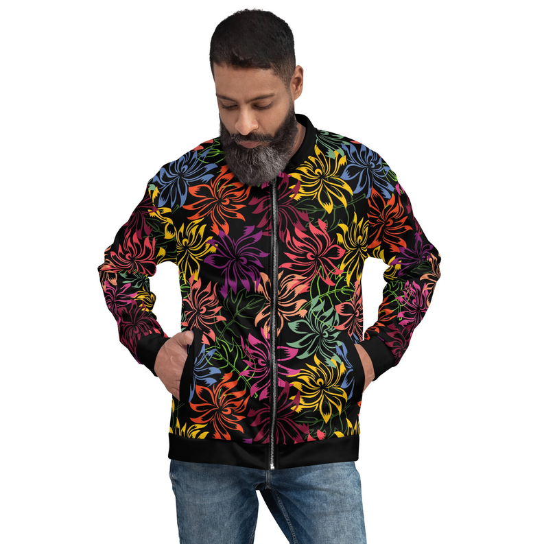 Bomber jacket with multicolor floral print and black ribbed cuffs, full zip, worn