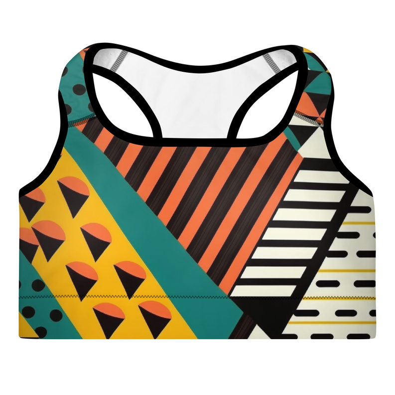 Padded sports bra, geometric multicolor print with racerback straps