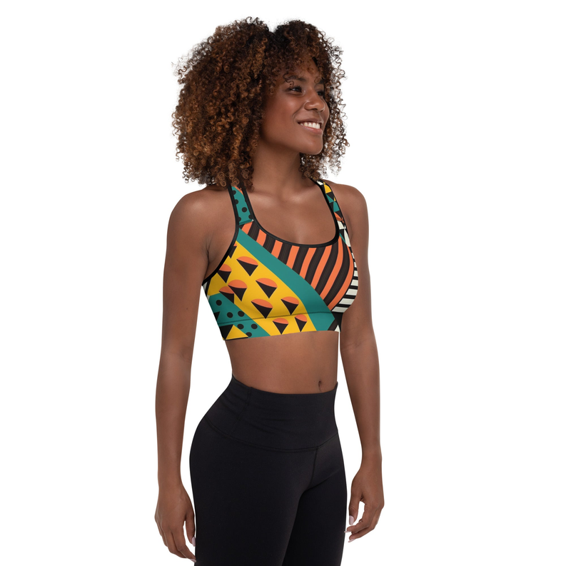 Padded sports bra with multicolor geometric print and padded cups