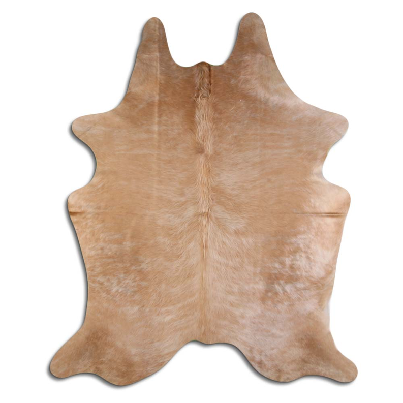 Hair-on cowhide rug with beige and brown brindle pattern, irregular shape