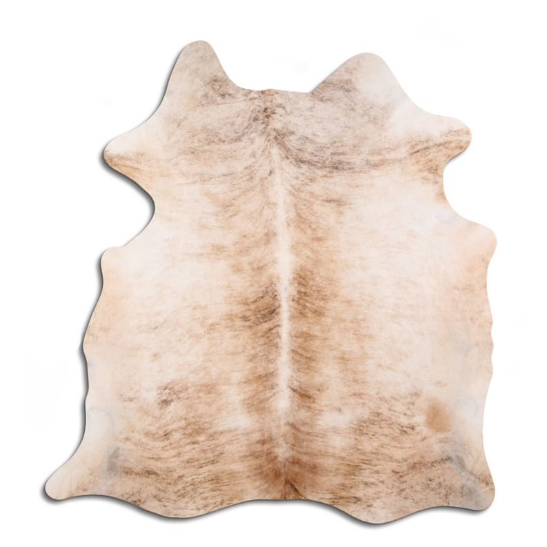 Beige brindle cowhide rug with natural hair-on texture